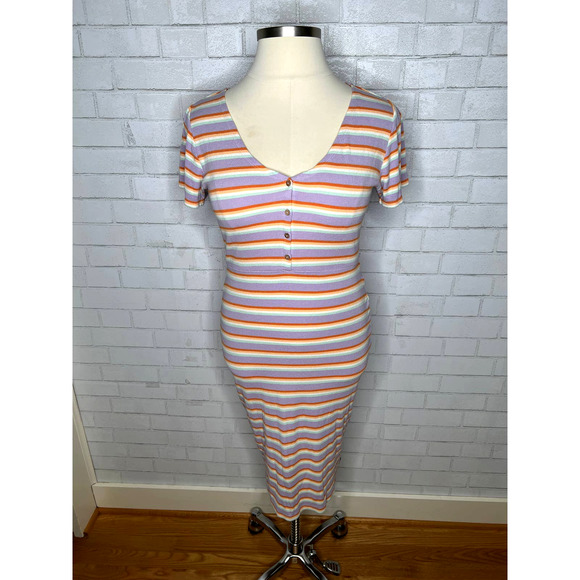 Roxy L Bring it On Multistriped V-Neck Short Sleeve Midi Dress Violet Large - Picture 2 of 8